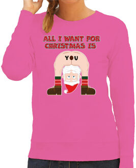 Bellatio Decorations Foute Kersttrui/sweater voor dames - all I want is - roze - blote kont - kerstman XS