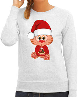 Bellatio Decorations Foute Kersttrui/sweater voor dames - all I want - taart - grijs - kerst poes - cadeau 2XL