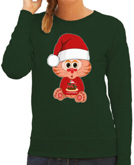 Bellatio Decorations Foute Kersttrui/sweater voor dames - all I want - taart - groen - kerst poes - cadeau 2XL