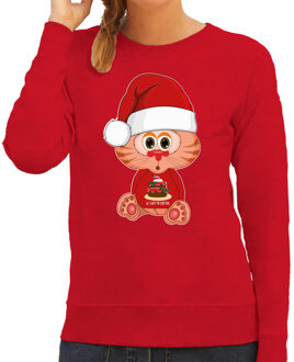 Bellatio Decorations Foute Kersttrui/sweater voor dames - all I want - taart - rood - kerst poes - cadeau 2XL