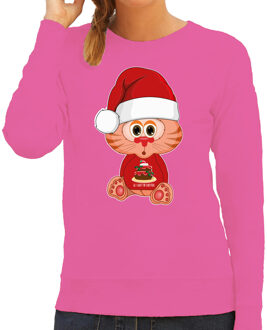 Bellatio Decorations Foute Kersttrui/sweater voor dames - all I want - taart - roze - kerst poes - cadeau 2XL