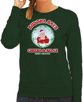 Bellatio Decorations foute Kersttrui/sweater voor dames - buddha says cheers & relax - groen - wijn 2XL - kerst trui