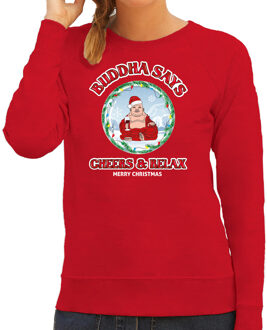 Bellatio Decorations foute Kersttrui/sweater voor dames - buddha says cheers & relax - rood - wijn 2XL - kerst truie