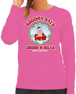 Bellatio Decorations Foute Kersttrui/sweater voor dames - buddha says cheers & relax - roze - proost - wijn XS