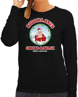 Bellatio Decorations foute Kersttrui/sweater voor dames - buddha says cheers & relax - zwart - wijn 2XL - kerst trui