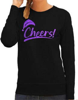 Bellatio Decorations Foute kersttrui/sweater voor dames - Cheers - zwart - glitter paars - Kerstman