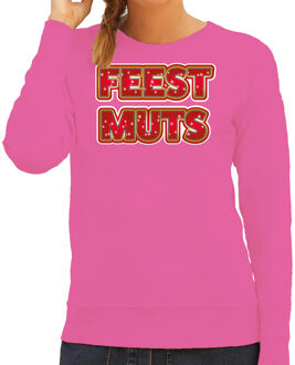 Bellatio Decorations Foute kersttrui/sweater voor dames - feest muts - roze - kerstmis 2XL