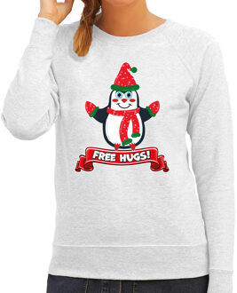 Bellatio Decorations Foute Kersttrui/sweater voor dames - free hugs - grijs - pinguin 2XL