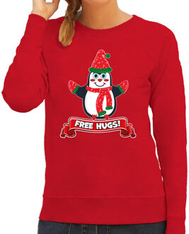 Bellatio Decorations Foute Kersttrui/sweater voor dames - free hugs - rood - pinguin 2XL