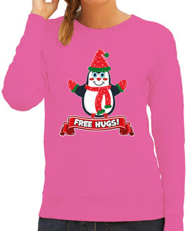 Bellatio Decorations Foute Kersttrui/sweater voor dames - free hugs - roze - pinguin 2XL