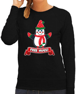 Bellatio Decorations Foute Kersttrui/sweater voor dames - free hugs - zwart - pinguin 2XL