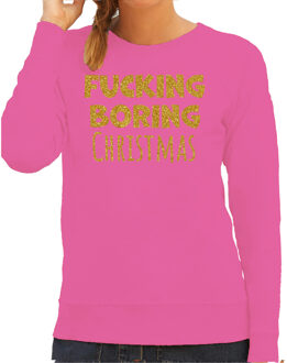 Bellatio Decorations Foute kersttrui/sweater voor dames - Fucking Boring Christmas - roze - glitter goud XS