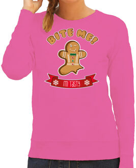 Bellatio Decorations Foute Kersttrui / sweater voor dames - Gingerbread koekemannetje - roze - Bite Me M
