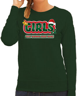 Bellatio Decorations foute kersttrui/sweater voor dames - girls just wanna have wine - groen/rood XS - kerst truien