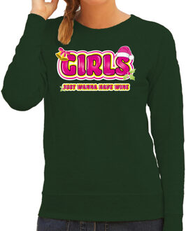 Bellatio Decorations foute kersttrui/sweater voor dames - girls just wanna have wine - groen/roze 2XL - kerst truien