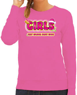 Bellatio Decorations Foute kersttrui/sweater voor dames - girls just wanna have wine - roze - wijn XS