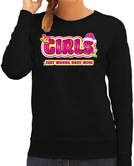 Bellatio Decorations foute kersttrui/sweater voor dames - girls just wanna have wine - zwart/roze 2XL - kerst truien