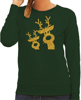 Bellatio Decorations foute kersttrui/sweater voor dames - gouden rendieren - groen - glitter goud 2XL - kerst truien