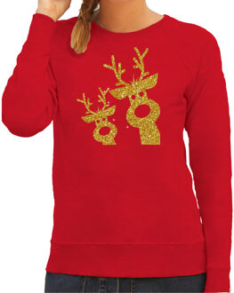 Bellatio Decorations foute kersttrui/sweater voor dames - gouden rendieren - rood - glitter goud 2XL - kerst truien