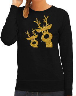 Bellatio Decorations foute kersttrui/sweater voor dames - gouden rendieren - zwart - glitter goud 2XL - kerst truien