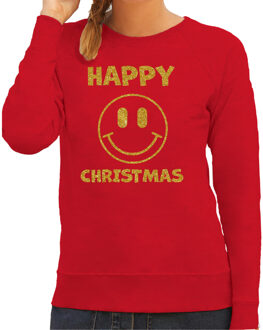 Bellatio Decorations Foute kersttrui/sweater voor dames - Happy Christmas - rood - glitter goud - Smiley XS