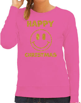 Bellatio Decorations Foute kersttrui/sweater voor dames - Happy Christmas - roze - glitter goud - Smiley XS