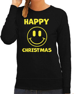 Bellatio Decorations Foute kersttrui/sweater voor dames - Happy Christmas - zwart - glitter geel - Smiley 2XL