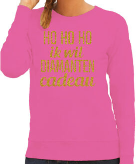Bellatio Decorations Foute kersttrui/sweater voor dames - Hohoho diamanten cadeau - roze - glitter goud L