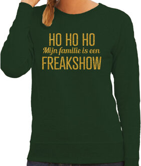 Bellatio Decorations Foute kersttrui/sweater voor dames - Hohoho freak show - groen - glitter goud L