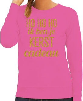 Bellatio Decorations Foute kersttrui/sweater voor dames - Hohoho kerst cadeau - roze - glitter goud