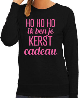 Bellatio Decorations Foute kersttrui/sweater voor dames - HoHoHo kerst cadeau - zwart - glitter roze M