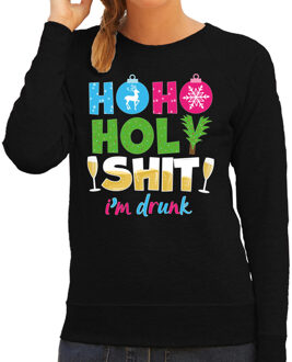 Bellatio Decorations Foute Kersttrui/sweater voor dames - hohoholy shit - dronken - zwart - hilarische kerst 2XL