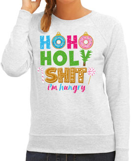 Bellatio Decorations Foute Kersttrui/sweater voor dames - hohoholy shit - honger - grijs - hilarische kerst 2XL