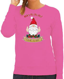 Bellatio Decorations Foute Kersttrui/sweater voor dames - Kado Gnoom - roze - Kerst kabouter M