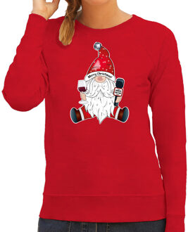 Bellatio Decorations foute kersttrui/sweater voor dames - karaoke gnoom - rood - kerstkabouter XS - kerst truien