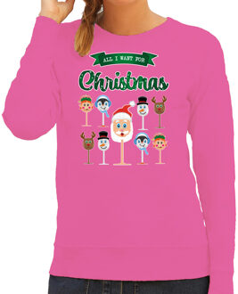 Bellatio Decorations Foute Kersttrui/sweater voor dames - Kerst Wijn - roze - All I Want For Christmas M