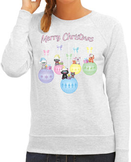 Bellatio Decorations Foute Kersttrui/sweater voor dames - kerstballen - grijs/pastel - kerstpoesjes - Merry Christmas 2XL