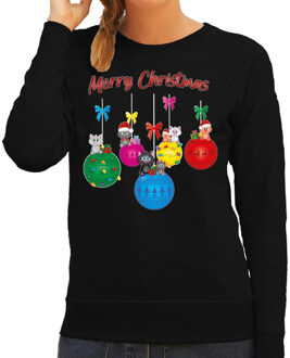 Bellatio Decorations Foute Kersttrui/sweater voor dames - kerstballen - zwart - kerstpoesjes - Merry Christmas L