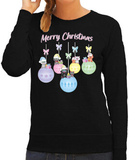 Bellatio Decorations Foute Kersttrui/sweater voor dames - kerstballen - zwart/pastel - kerstpoesjes - Merry Christmas 2XL