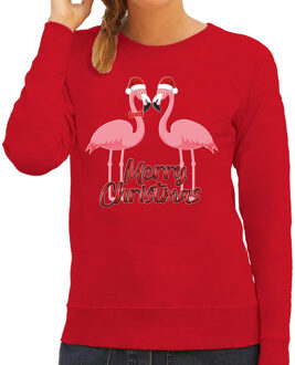 Bellatio Decorations Foute Kersttrui/sweater voor dames - Merry Christmas - flamingo - rood - tropische kerst XS