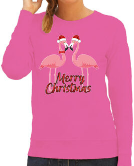 Bellatio Decorations Foute Kersttrui/sweater voor dames - Merry Christmas - flamingo - roze - tropische kerst XS