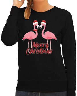 Bellatio Decorations Foute Kersttrui/sweater voor dames - Merry Christmas - flamingo - zwart - tropische kerst 2XL