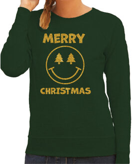 Bellatio Decorations Foute kersttrui/sweater voor dames - Merry Christmas - groen - glitter goud - Smiley 2XL