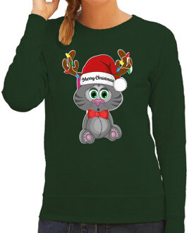 Bellatio Decorations Foute Kersttrui/sweater voor dames - Merry Christmas - groen - kerstpoesje - kerst cadeau 2XL