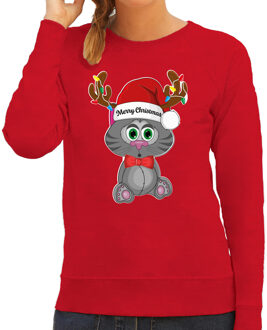 Bellatio Decorations Foute Kersttrui/sweater voor dames - Merry Christmas - rood - kerstpoesje - kerst cadeau 2XL