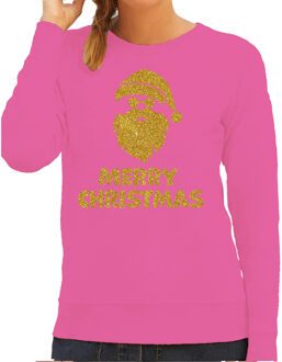 Bellatio Decorations Foute kersttrui/sweater voor dames - Merry Christmas - roze - glitter goud - Kerstman 2XL