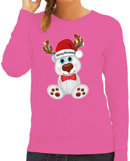 Bellatio Decorations Foute Kersttrui/sweater voor dames - Merry Christmas - roze - ijsbeer - kerst cadeau XL