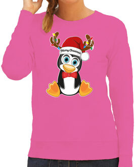 Bellatio Decorations Foute Kersttrui/sweater voor dames - Merry Christmas - roze - kerst pinguin - kerst cadeau
