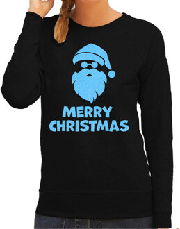 Bellatio Decorations Foute kersttrui/sweater voor dames - Merry Christmas - zwart - glitter blauw - Kerstman 2XL