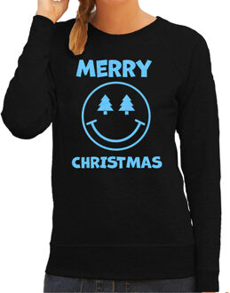 Bellatio Decorations Foute kersttrui/sweater voor dames - Merry Christmas - zwart - glitter blauw - Smile Emoticon XS